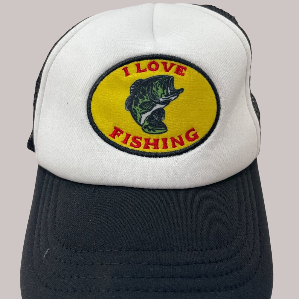 I Love Fishing Black & White Trucker Hat Mesh Snapback Cap Adjustable